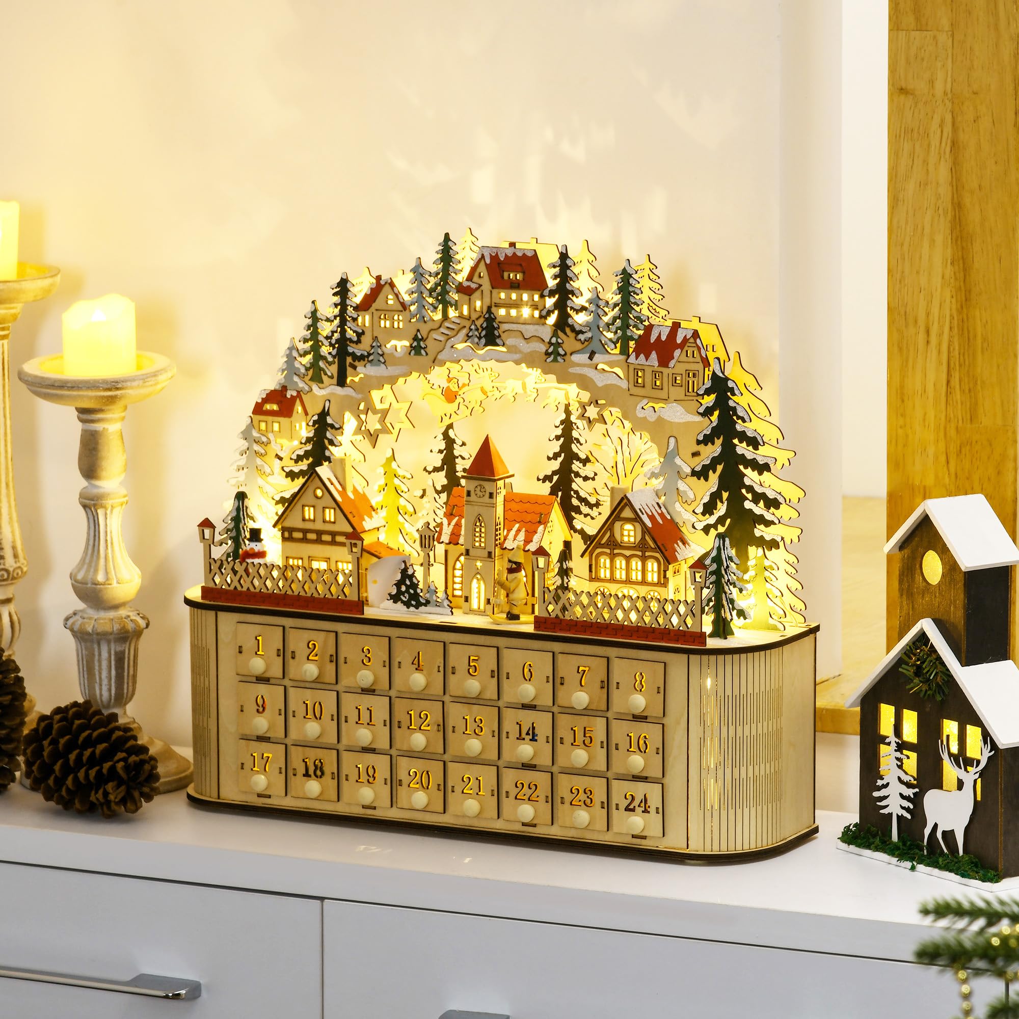 HOMCOM Wooden Christmas Advent Calendar, Light Up Table Holiday Decoration with 24 Countdown Drawers and LED Lights for Kids and